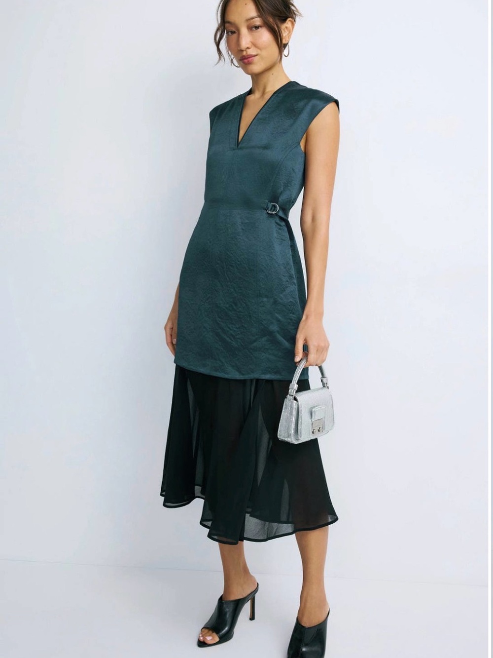 3.1 Phillip Lim Teal Satin Tunic with Sheer Black High-Low Skirt
